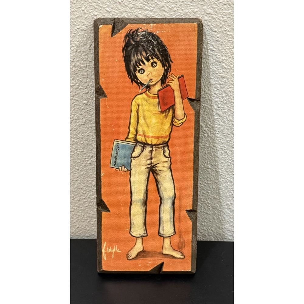 Vintage 1960s J. Idylle Big Eyes Art Print on Wood Plaque MCM Kitsch Wall Art